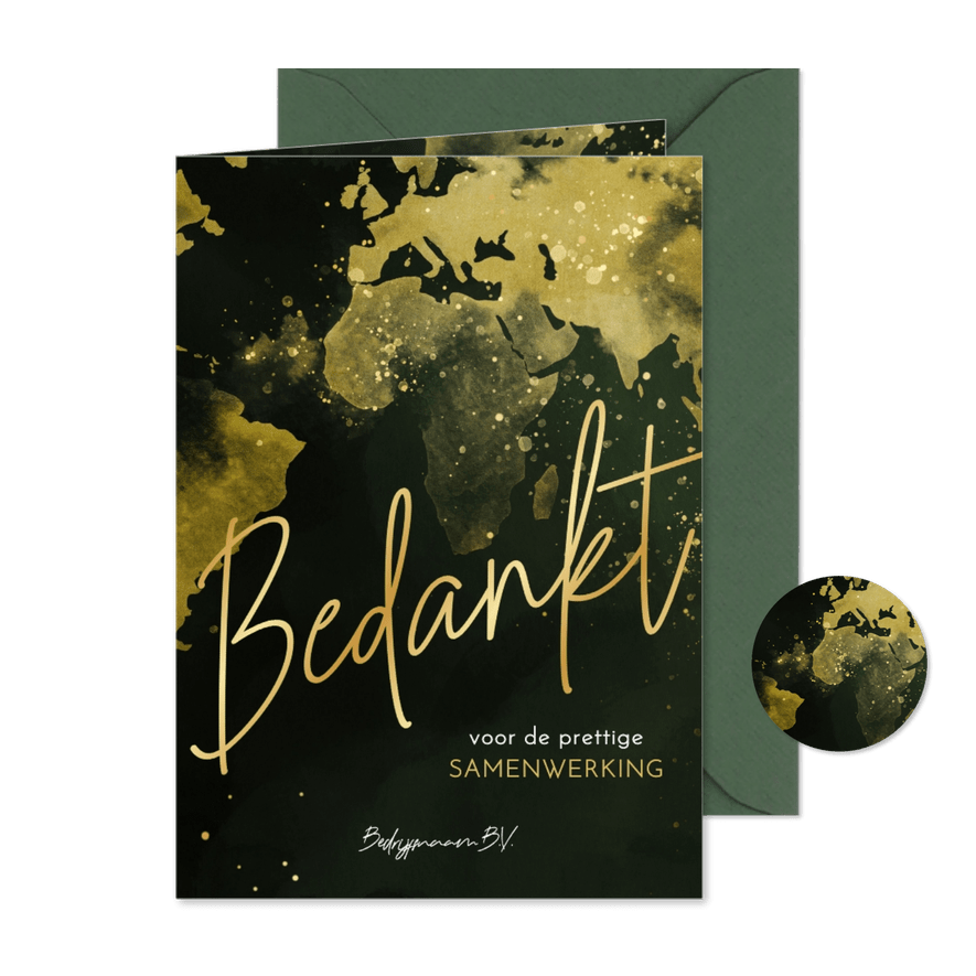 Groene kerstkaart met gouden wereldkaart - Kaartimpressie