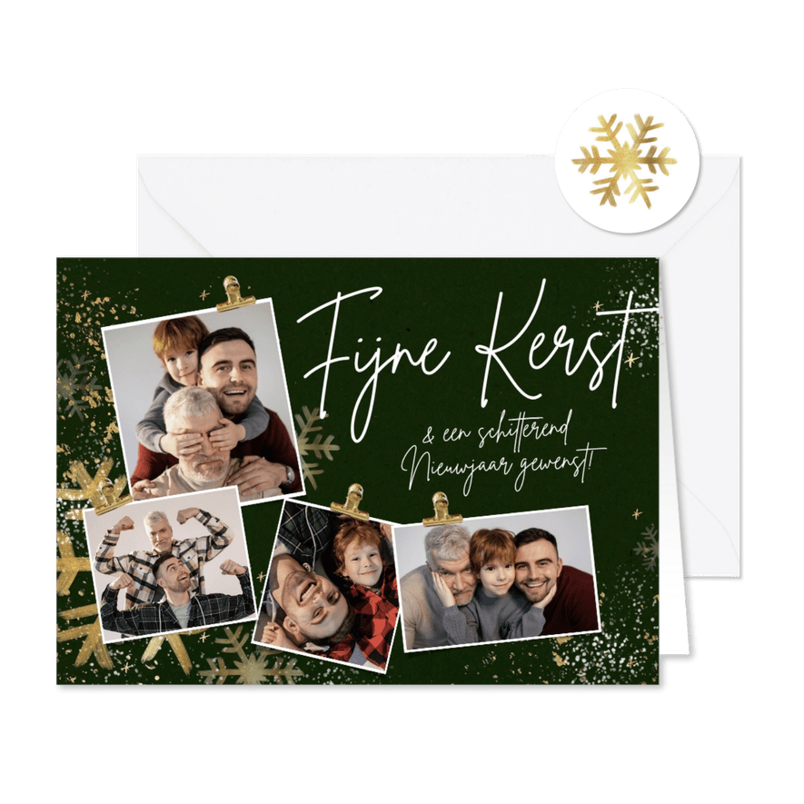 Groene kerstkaart met goudlook sterren ijskristallen - Kaartimpressie