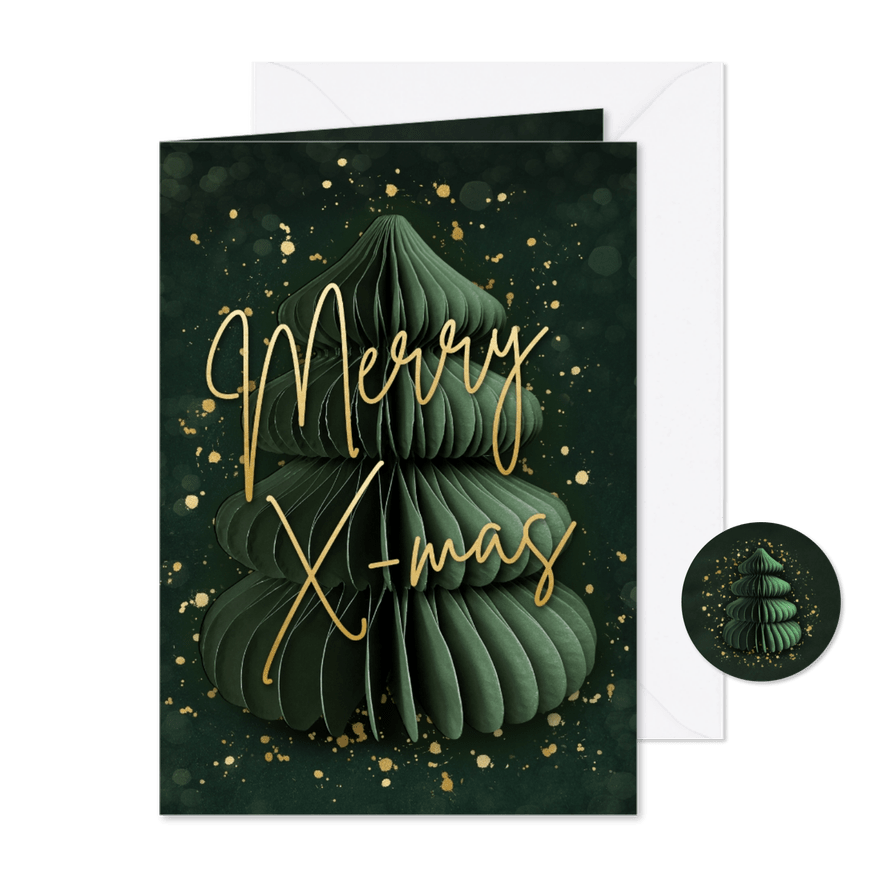 Groene kerstkaart met papieren kerstboom en gouden spetters - Kaartimpressie