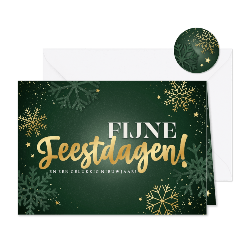 Groene kerstkaart sneeuwvlokken sterren Fijne Feestdagen - Kaartimpressie