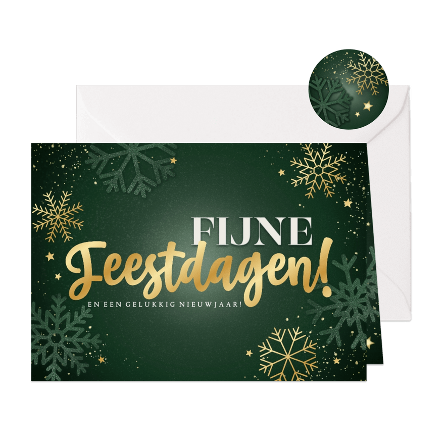 Groene kerstkaart sneeuwvlokken sterren Fijne Feestdagen  - Kaartimpressie