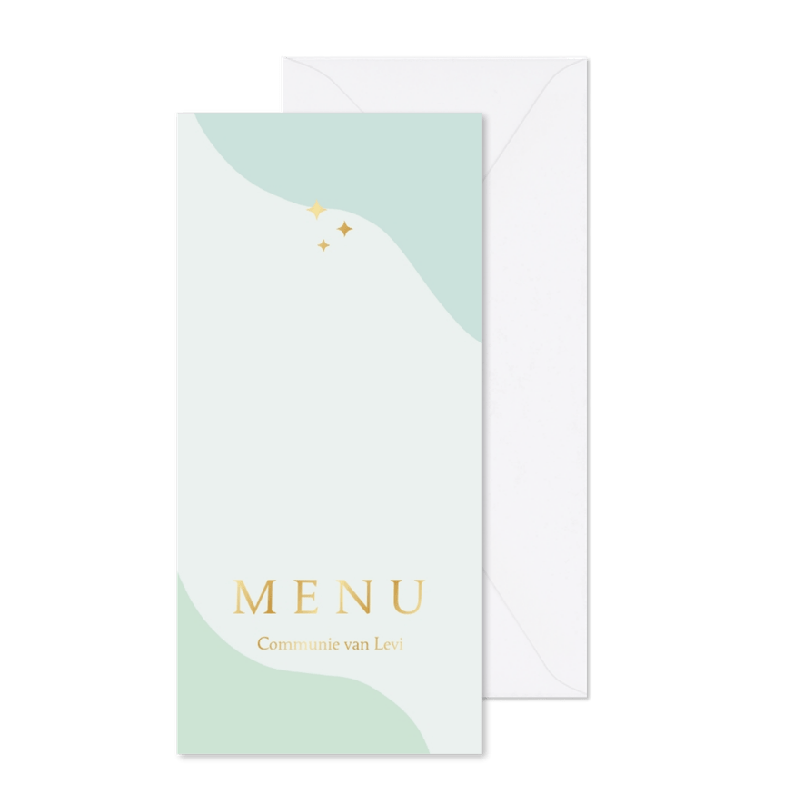 Groene menukaart met abstracte vormen en sterretjes communie - Kaartimpressie