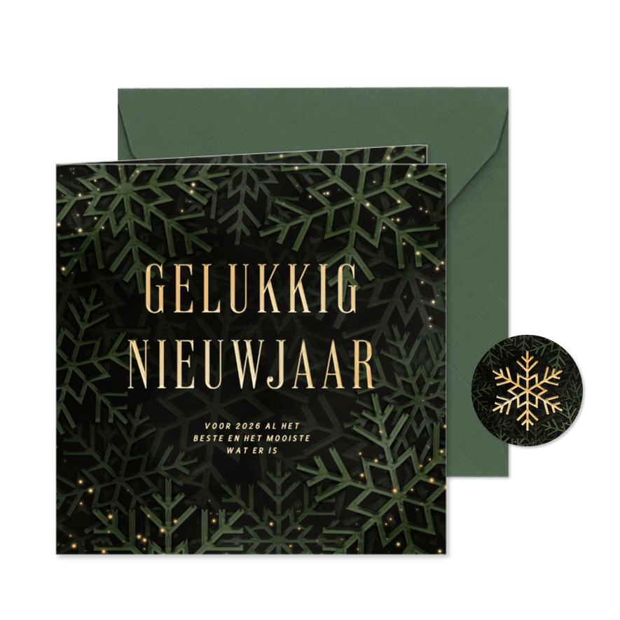 Groene nieuwjaarskaart 'Gelukkig Nieuwjaar' met sneeuw - Kaartimpressie