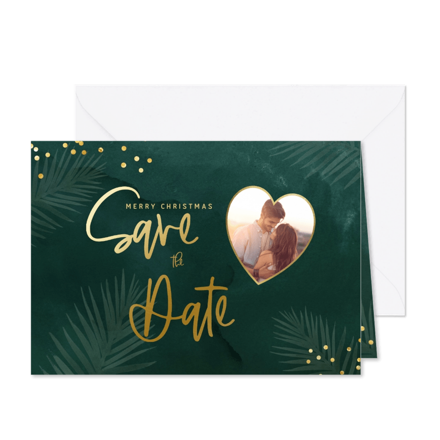 Groene savethedate kerstkaart met confetti en eigen foto - Kaartimpressie