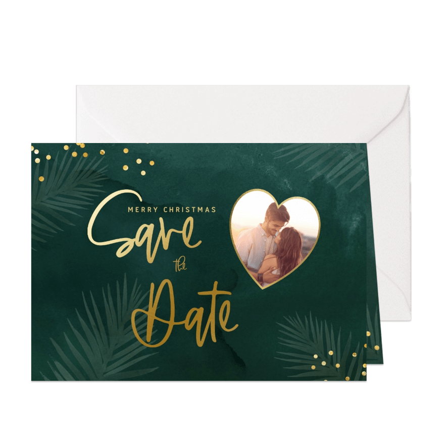 Groene savethedate kerstkaart met confetti en eigen foto - Kaartimpressie