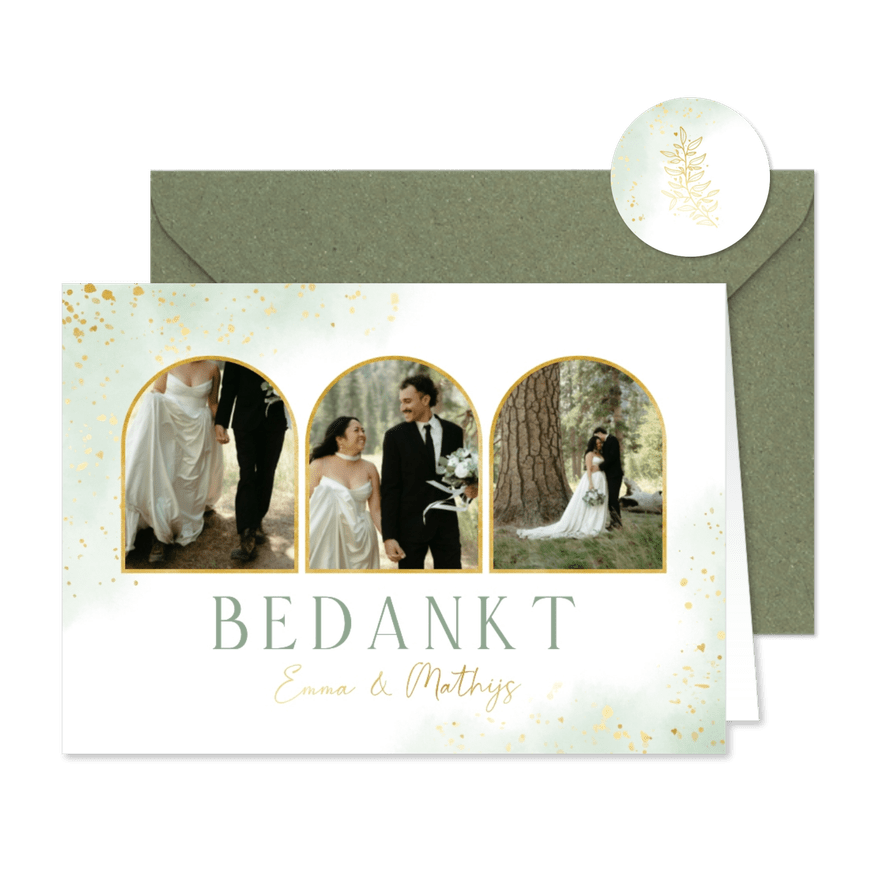 Groene waterverf bedankkaartjes huwelijk met foto's - Kaartimpressie