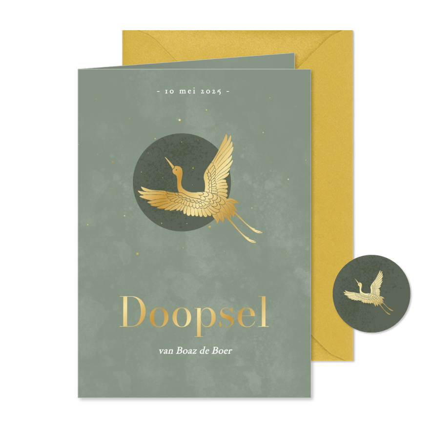 Groene waterverf doopkaartjes met gouden kraanvogel - Kaartimpressie