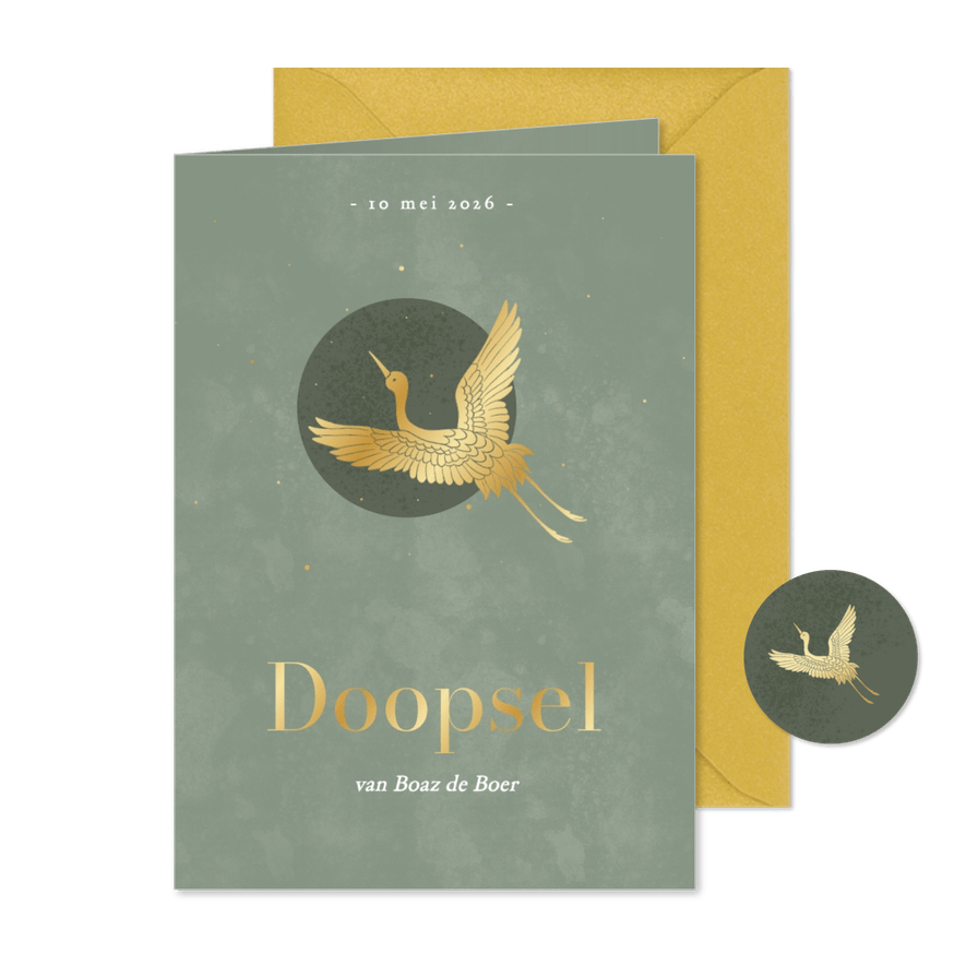 Groene waterverf doopkaartjes met gouden kraanvogel - Kaartimpressie