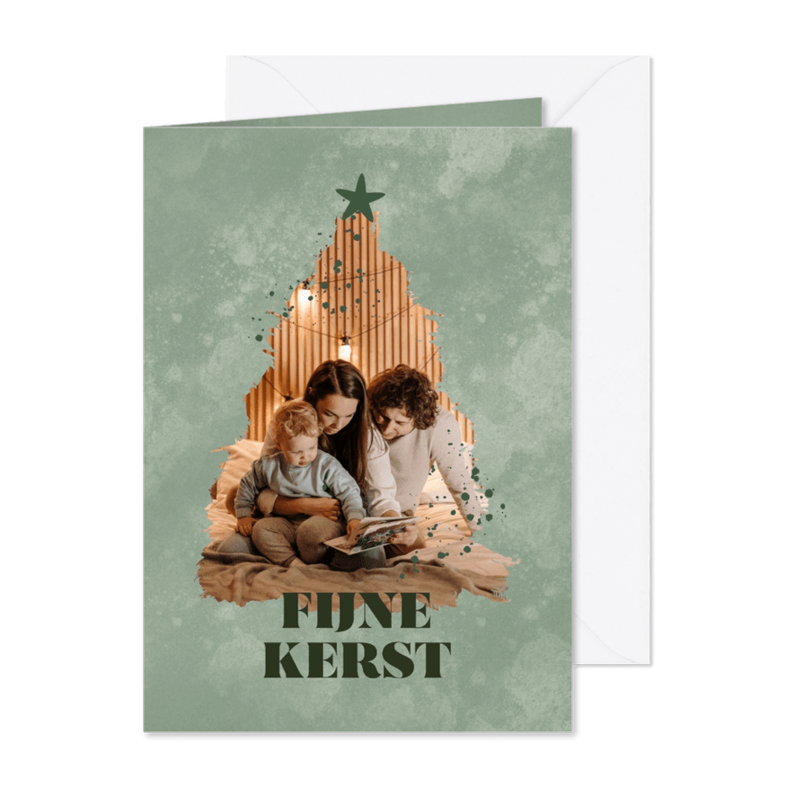 Groene waterverf kerstkaart met foto in kerstboom - Kaartimpressie