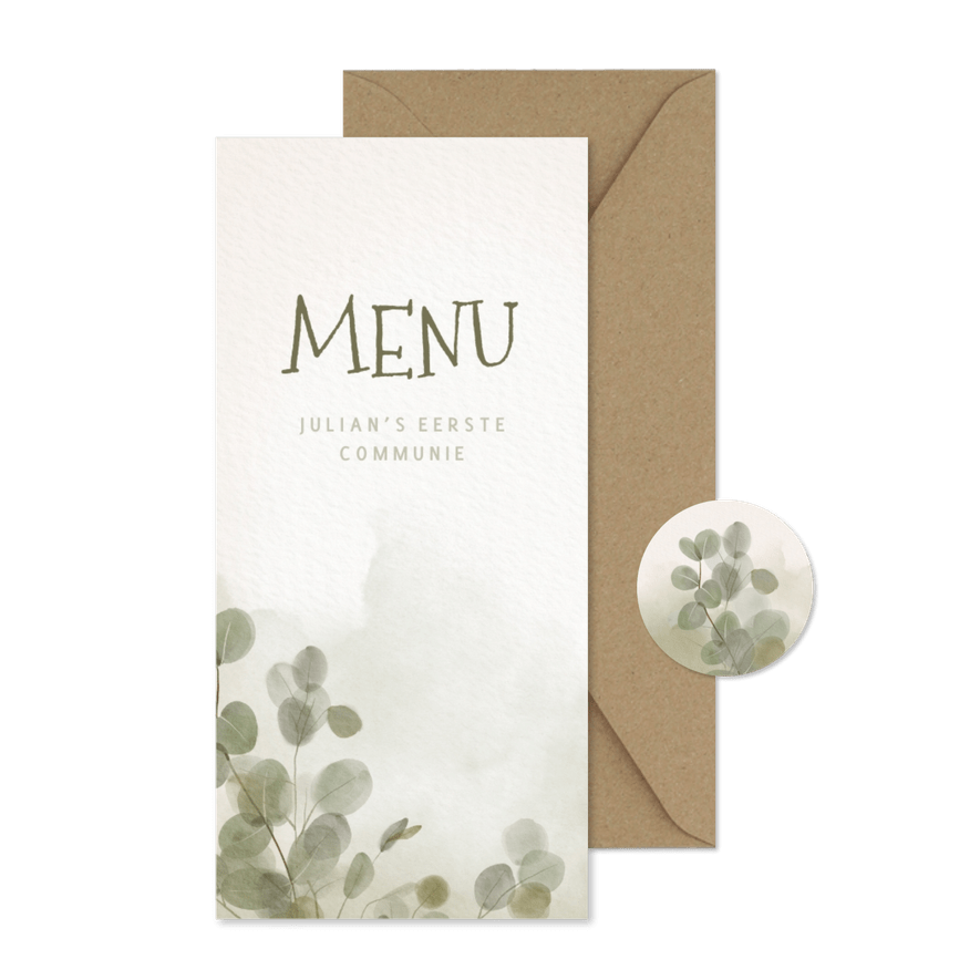 Groene waterverf menukaart eerste communie eucalyptus - Kaartimpressie