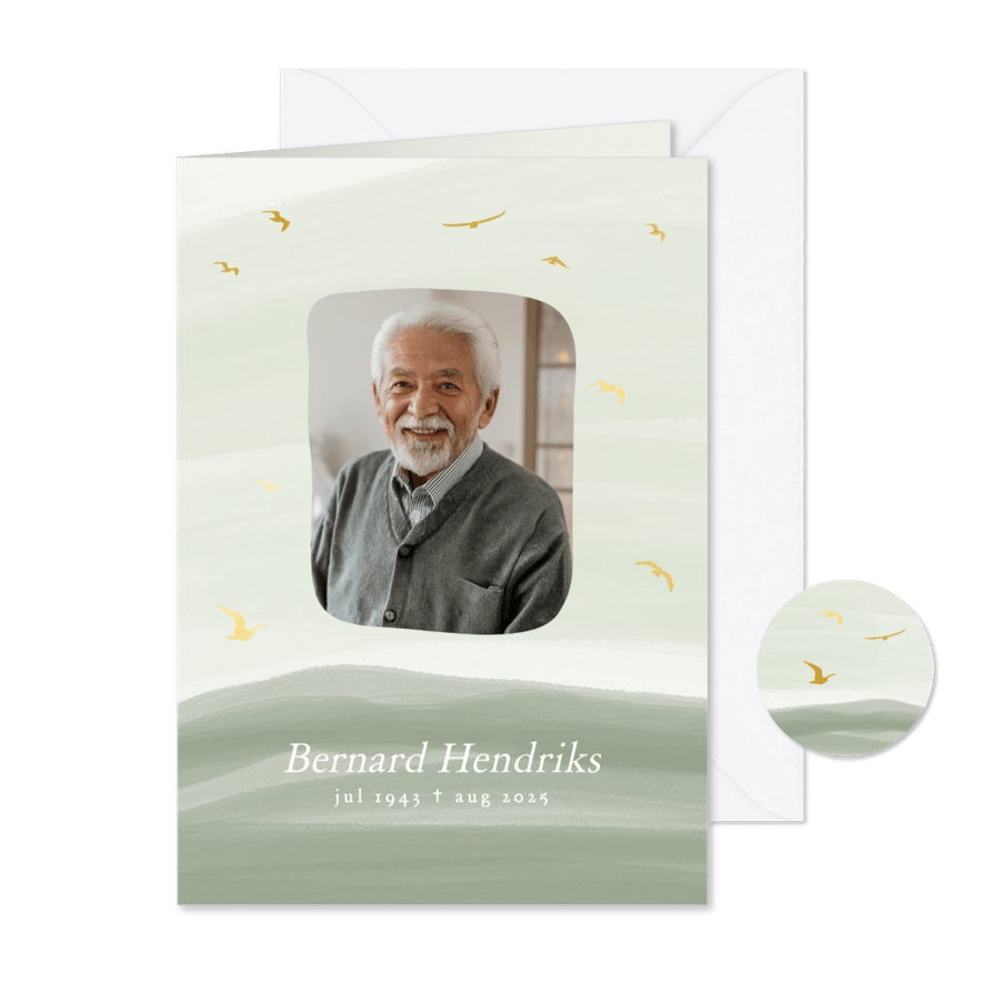 Groene waterverf rouwkaart met goudkleurige vogels - Kaartimpressie