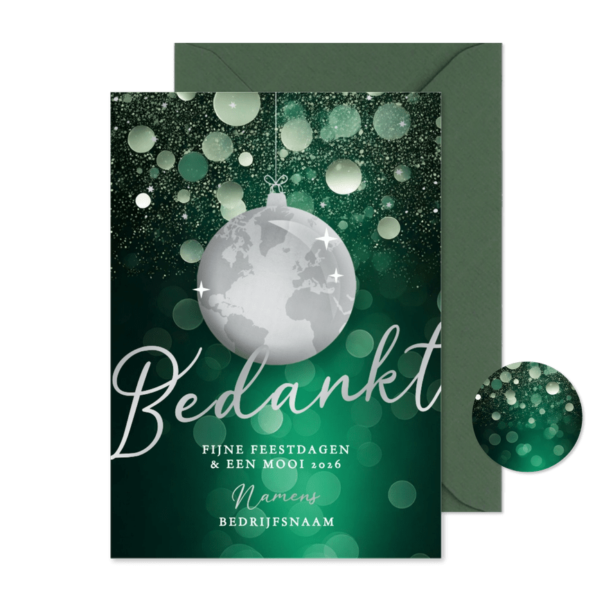 Groene zakelijke kerstkaart met wereldkaart kerstbal zilver - Kaartimpressie