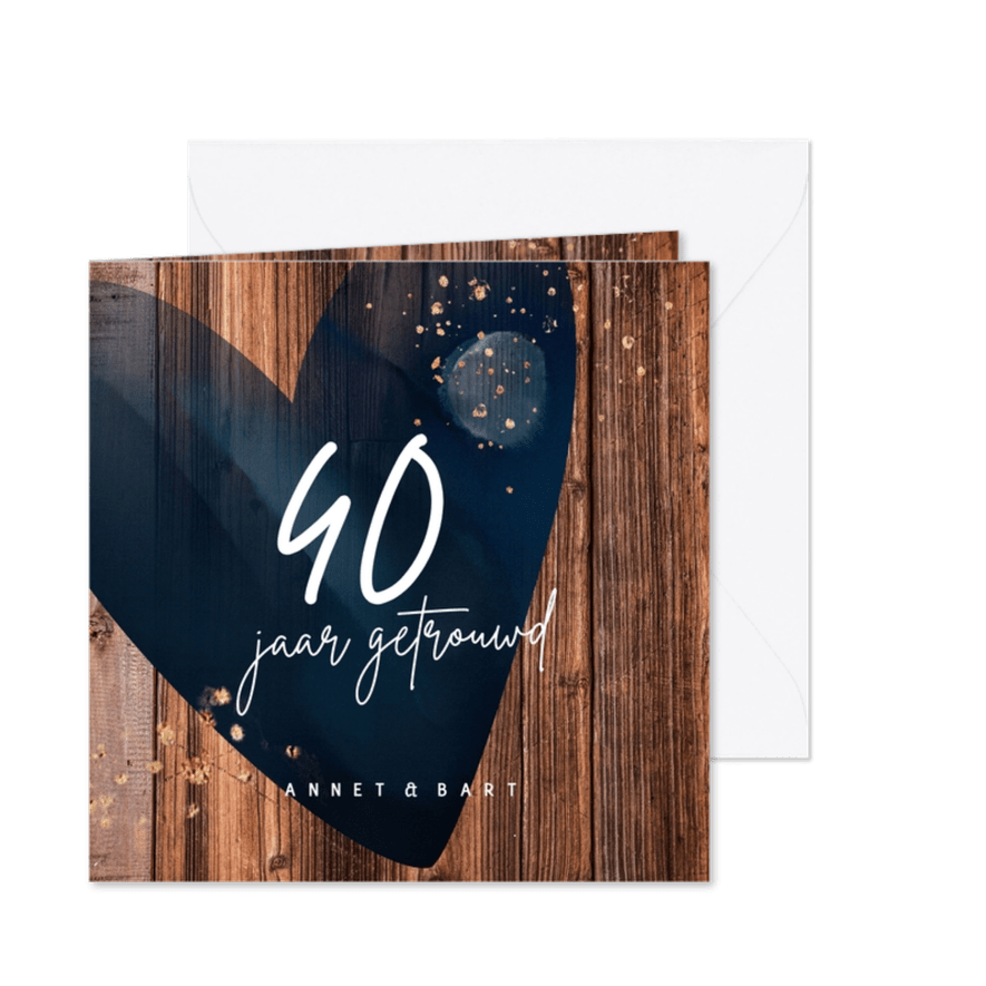 Groot hart op hout 40 jaar getrouwd uitnodiging - Kaartimpressie