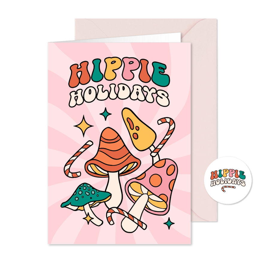 Groovy kerstkaart hippie holidays paddestoelen illustratie - Kaartimpressie