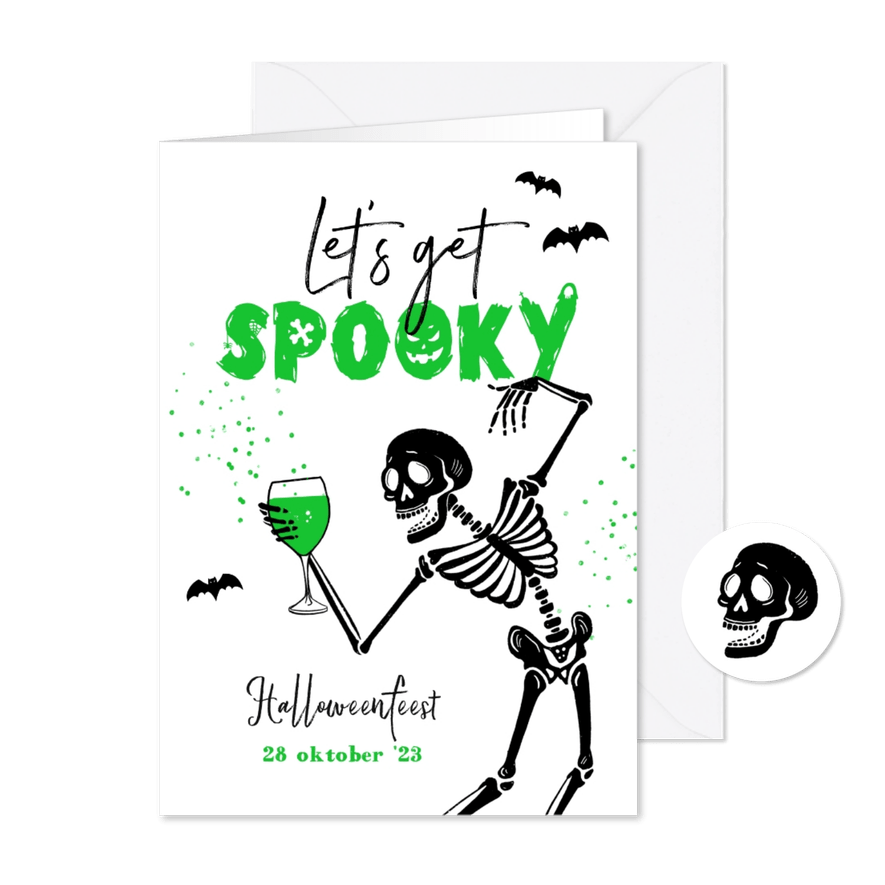 Halloweenfeest let's get spooky skelet vleermuizen wijn - Kaartimpressie