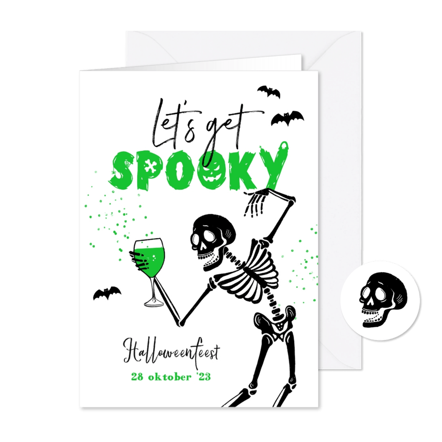 Halloweenfeest let's get spooky skelet vleermuizen wijn - Kaartimpressie