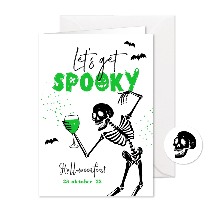 Halloweenfeest let's get spooky skelet vleermuizen wijn - Kaartimpressie