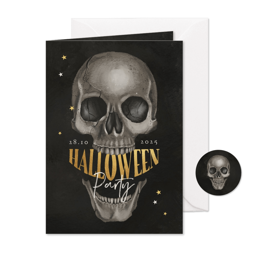 Halloweenfeest uitnodiging eng skull goud zwart donker - Kaartimpressie