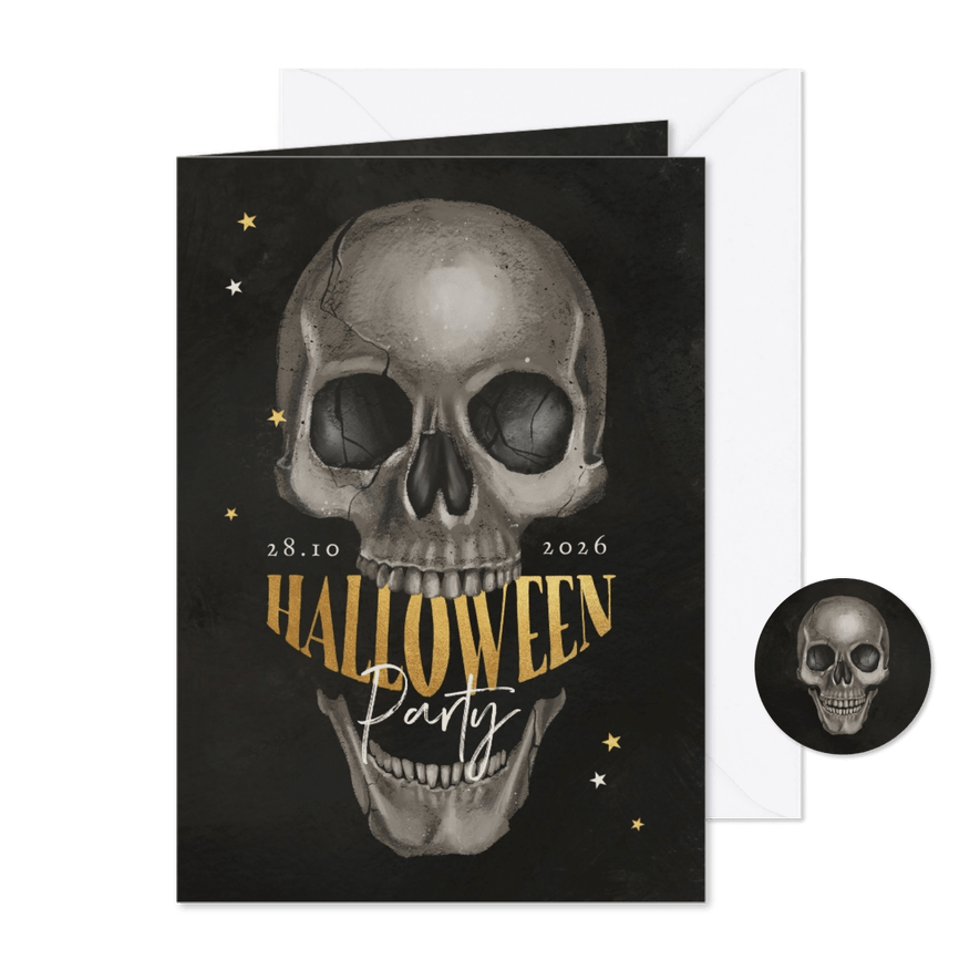 Halloweenfeest uitnodiging eng skull goud zwart donker - Kaartimpressie