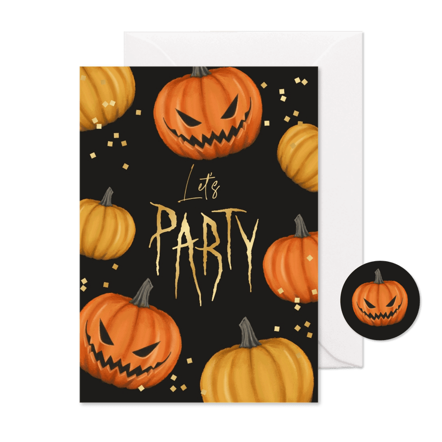 Halloweenfeest uitnodiging pompoenen goud party confetti - Kaartimpressie