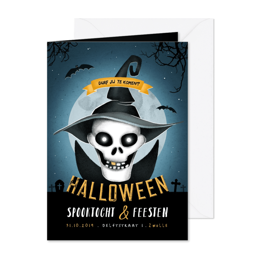 Halloweenfeest uitnodiging scary maan skelet - Kaartimpressie