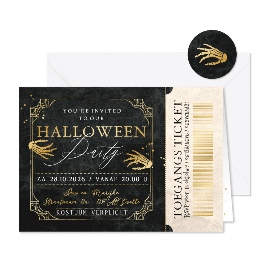 Halloweenfeest uitnodiging ticket skelethand goud - Kaartimpressie