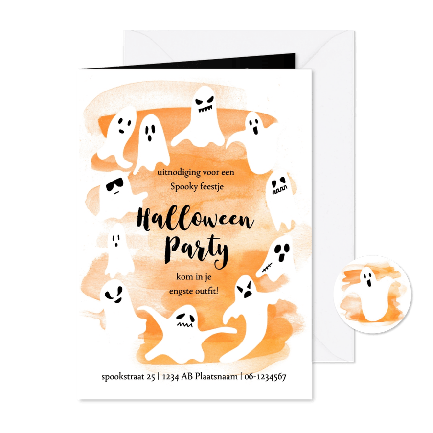 Halloweenfeestje met spooken en oranje waterverf - Kaartimpressie
