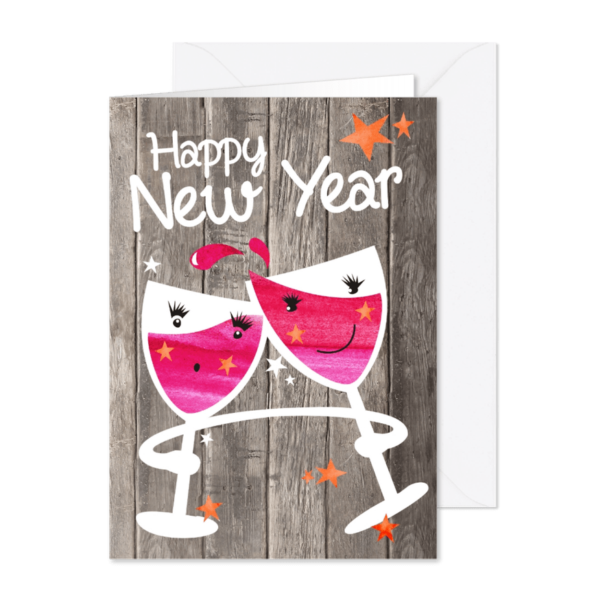 Happy New Year - wijnglazen hout - Kaartimpressie