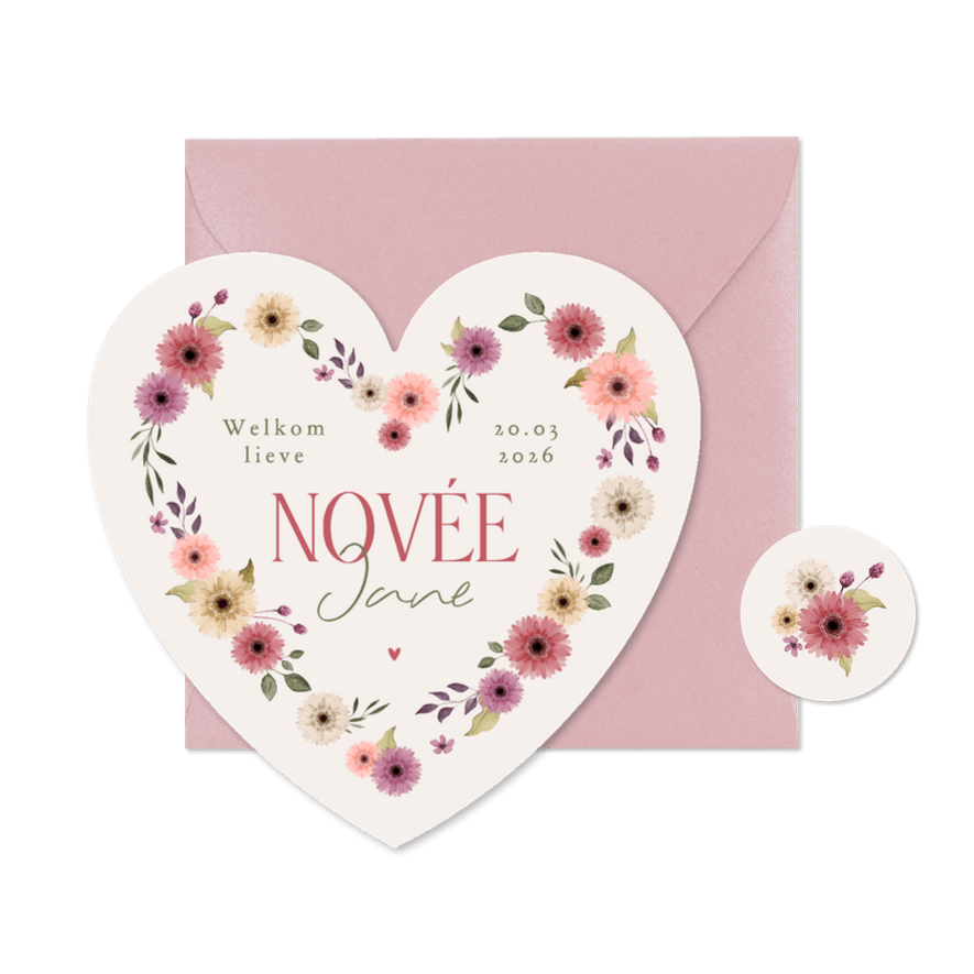 Hartvorm geboortekaartje bloemen meisje vintage stijlvol - Kaartimpressie
