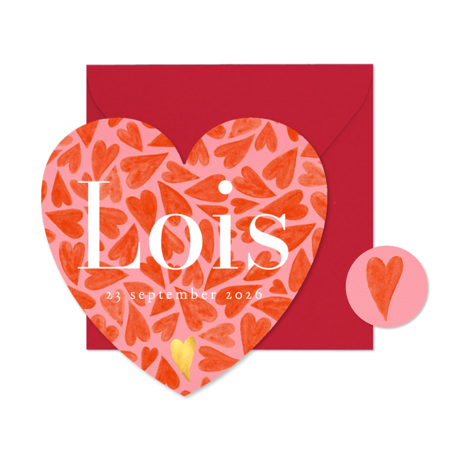 Hartvorm geboortekaartje met speelse geïllustreerde hartjes  - Kaartimpressie