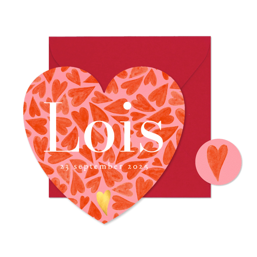 Hartvorm geboortekaartje met speelse geïllustreerde hartjes  - Kaartimpressie