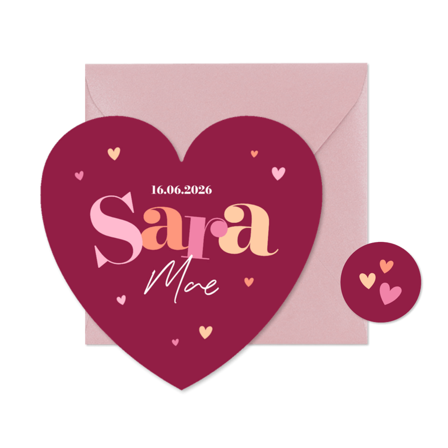 Hartvorm grafisch geboortekaartje hartjes kleurrijk stoer - Kaartimpressie