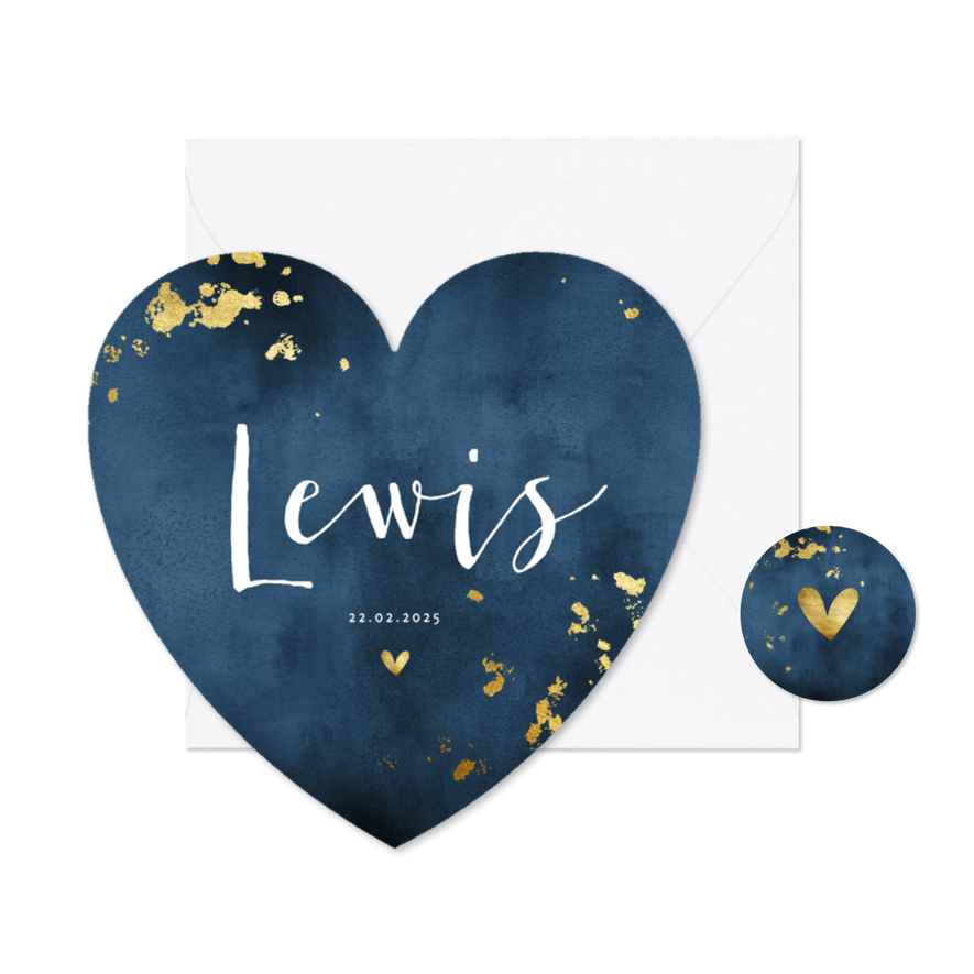 Hartvormig geboortekaartje blauwe waterverf gouden spetters - Kaartimpressie
