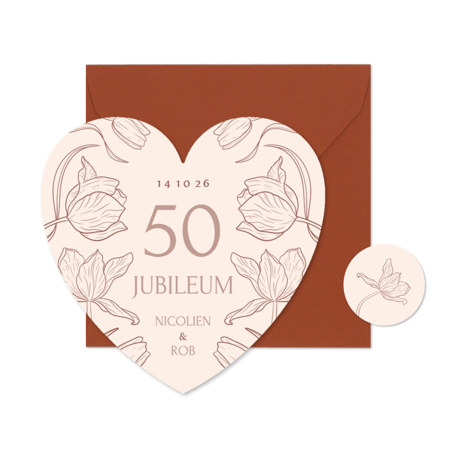 Hartvormige jubileumkaart 50 jaar met vintage bloemen - Kaartimpressie