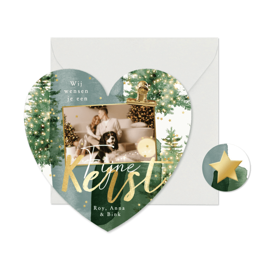 Hartvormige kerstkaart watercolor kerstbomen foto goud - Kaartimpressie