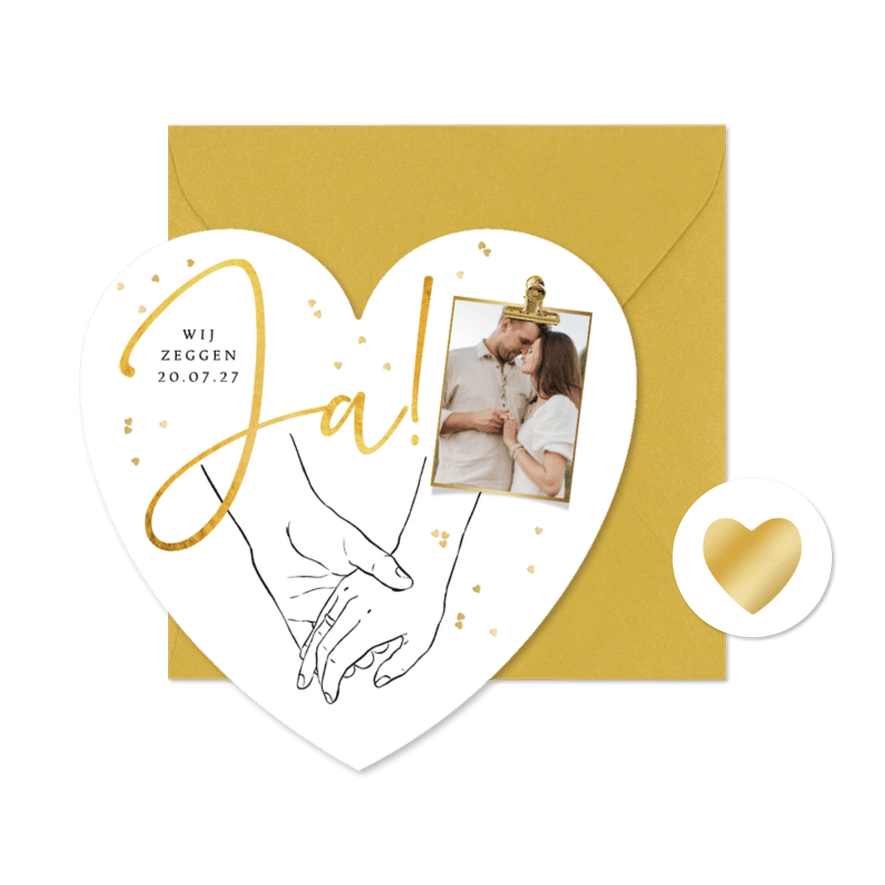 Hartvormige moderne trouwkaart lijntekening handen  - Kaartimpressie