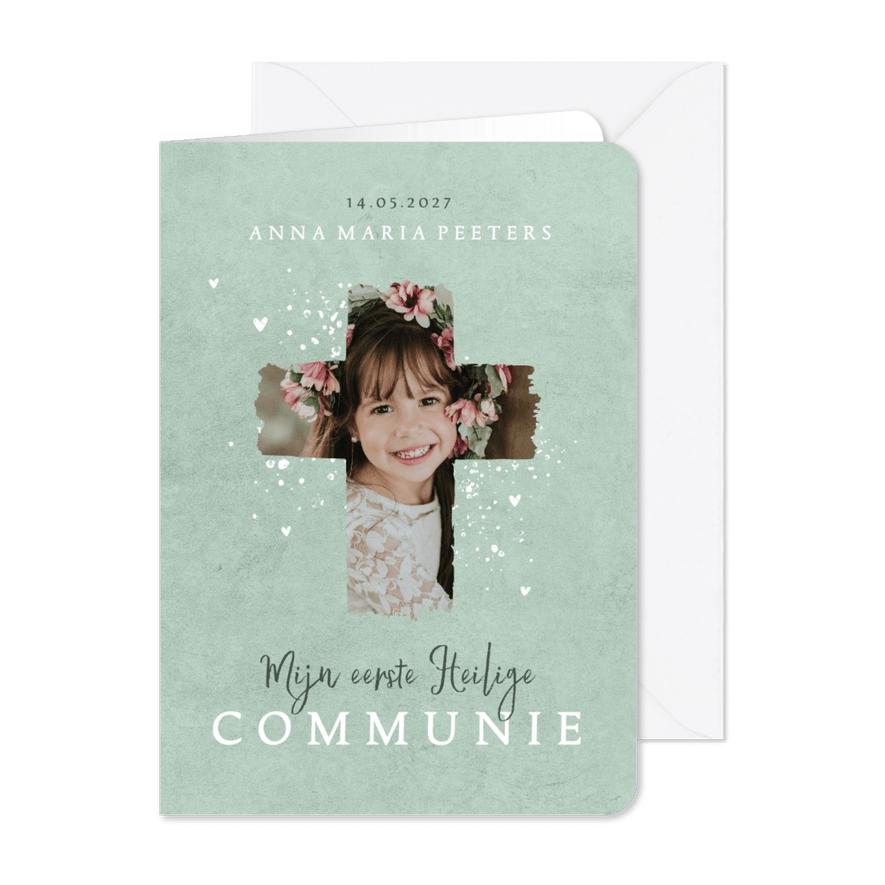 Heilige communie fotokaart uitnodiging feest kruis hartjes - Kaartimpressie