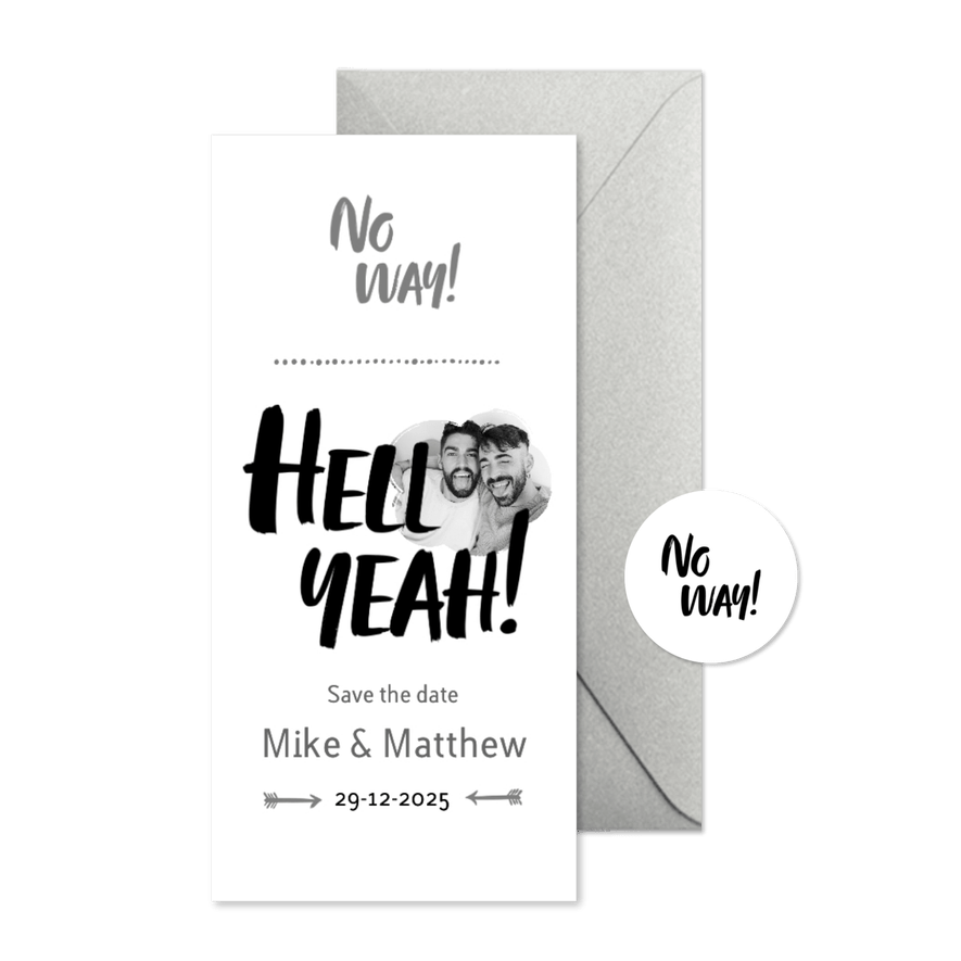 Hell Yeah - een stoere save-the-date kaart met foto - Kaartimpressie