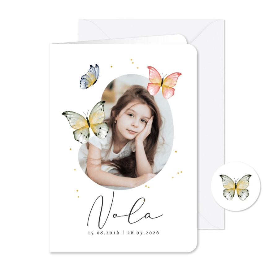 Herdenkingskaartje bidprent rouwkaart vlinders kind foto - Kaartimpressie