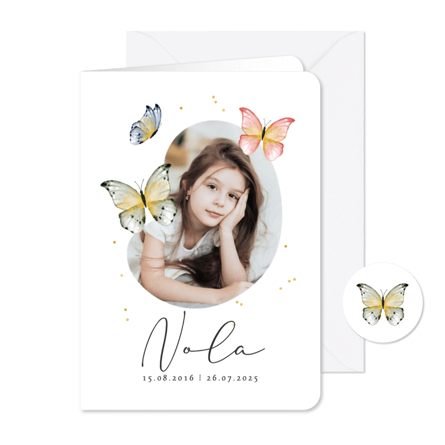 Herdenkingskaartje bidprent rouwkaart vlinders kind foto - Kaartimpressie