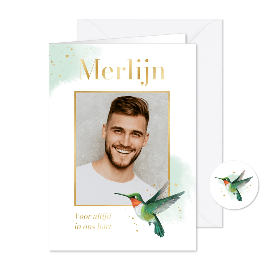 Herdenkingskaartje kolibrie vogel waterverf goud foto - Kaartimpressie