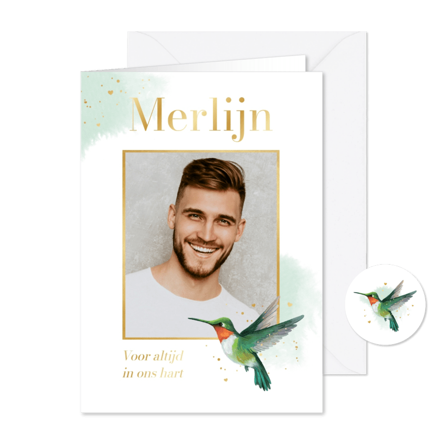 Herdenkingskaartje kolibrie vogel waterverf goud foto - Kaartimpressie