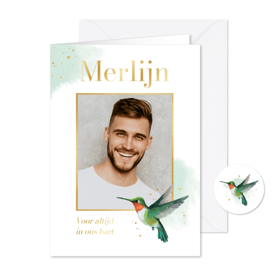 Herdenkingskaartje kolibrie vogel waterverf goud foto - Kaartimpressie