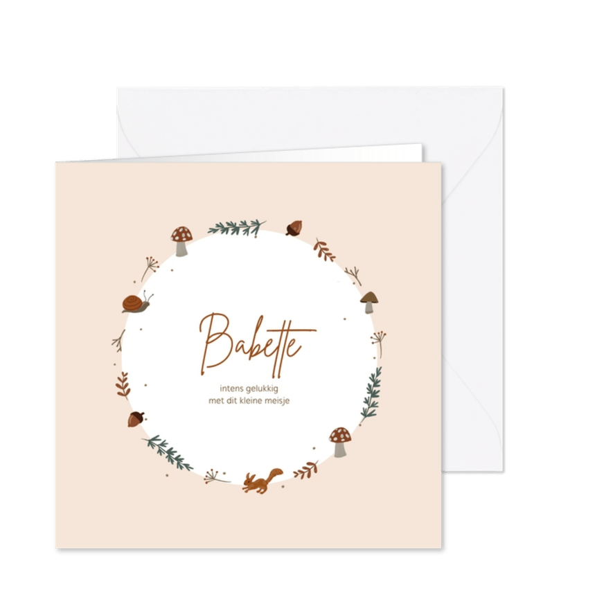 Herfst geboortekaartje krans paddenstoel dieren takjes - Kaartimpressie