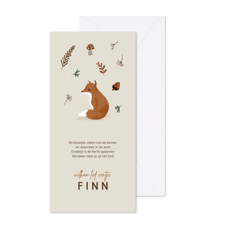 Herfst geboortekaartje vos blaadjes paddenstoel - Kaartimpressie