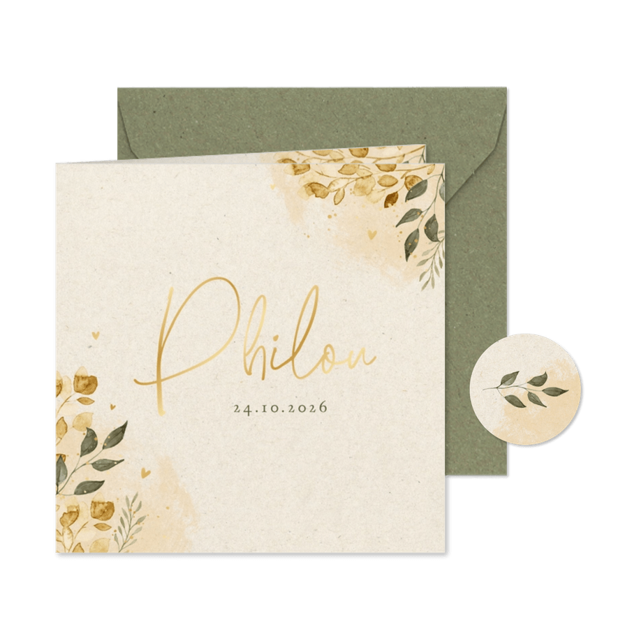 Herfst geboortekaartje waterverf goud bladeren takjes hartje - Kaartimpressie