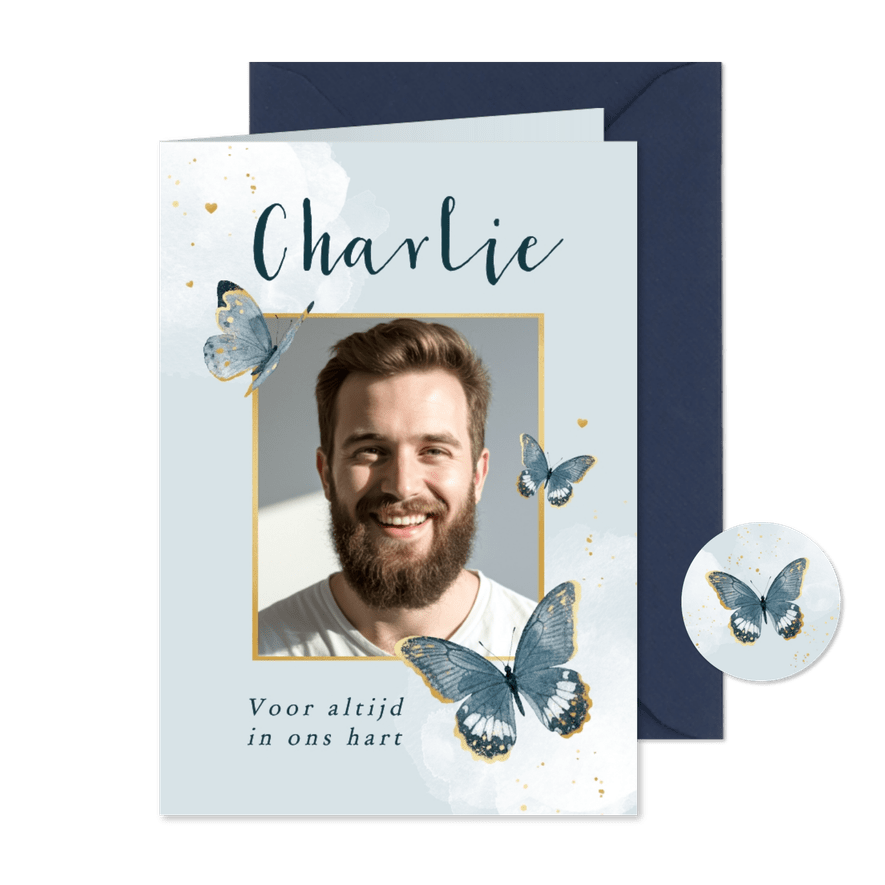 Herinneringskaart vlinders waterverf blauw goud foto - Kaartimpressie