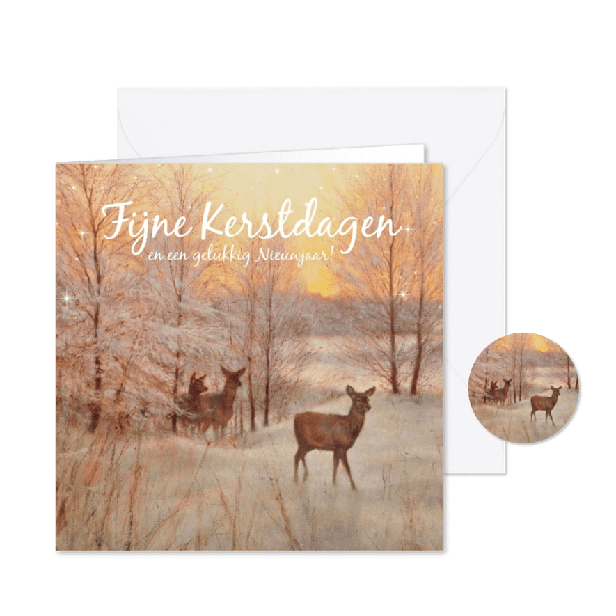 Herten in het winterbos bij ondergaande zon - Kaartimpressie