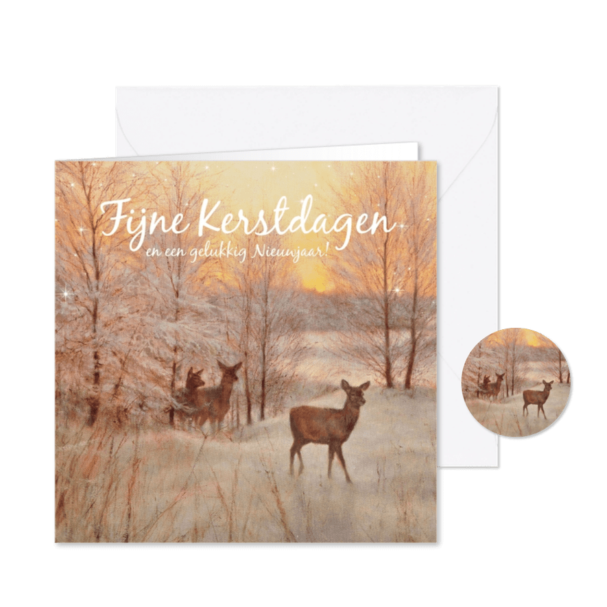 Herten in het winterbos bij ondergaande zon - Kaartimpressie