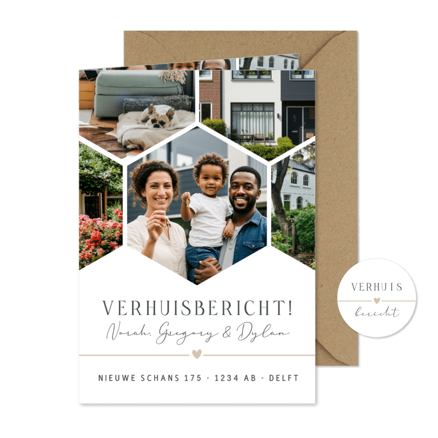 Hexagon fotocollage verhuiskaart met eigen foto's - Kaartimpressie
